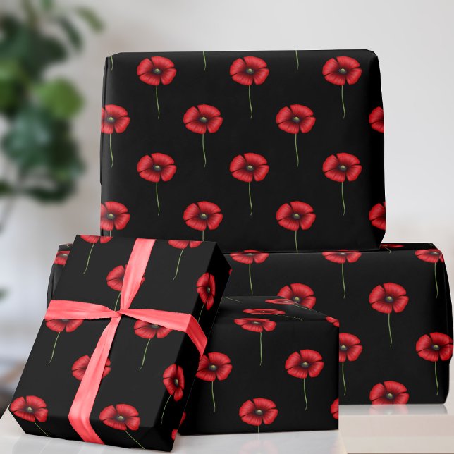 Papel De Presente Papel de enrolamento de padrão de flor preta e ver (A pretty poppy patterned wrapping paper just for you)