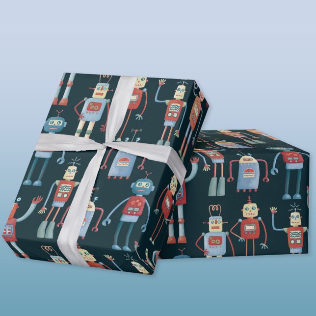 Papel De Presente Papel de enrolamento de robôs antigos na década de (Retro robot wrapping paper)