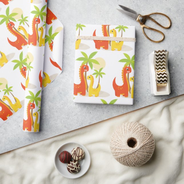 Papel De Presente Papel de enrolamento do dinossauro amarelo vermelh (Artesanato)