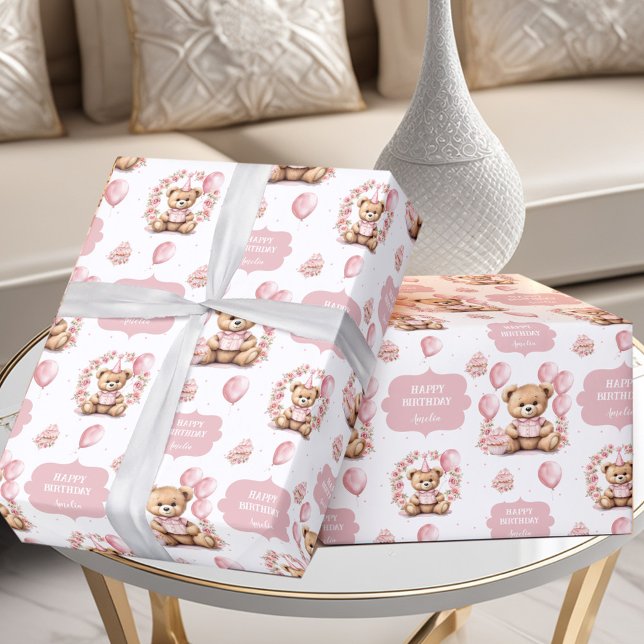 Papel De Presente Papel de enrolamento do nome do primeiro aniversar (Cute Bear Pink 1st Birthday Name Wrapping Paper)