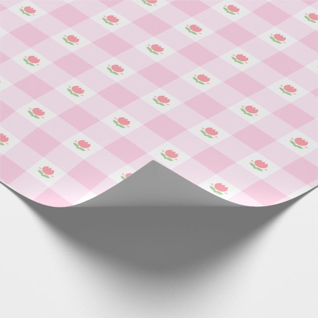 Papel De Presente Papel de enrolamento Gingham Pastel Pink com Tulip (Ponta)