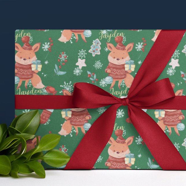 Papel De Presente Papel de enrolamento personalizado verde vermelho- (Cute Cartoon Fox Green Red Custom Wrapping Paper
)