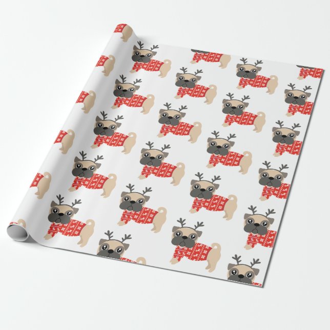 Papel De Presente Papel de envolvimento bonito do Pug do Natal do (Desenrolado)