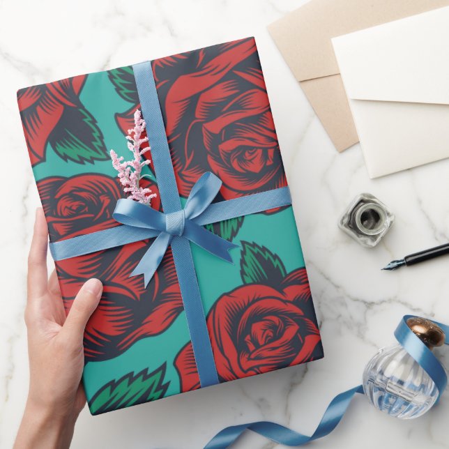 Papel De Presente Papel de moldagem azul com Rosas vermelhas (Presentear)