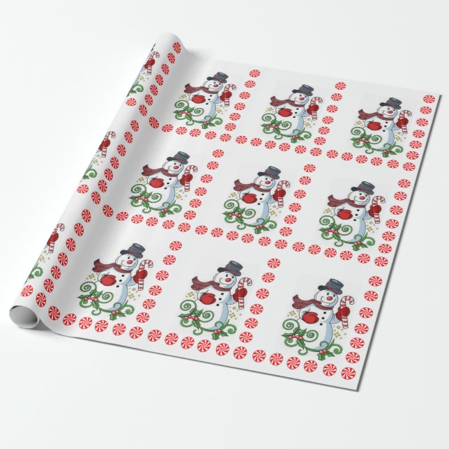 Papel De Presente Papel de Molho de Natal Snowman Peppermint (Desenrolado)