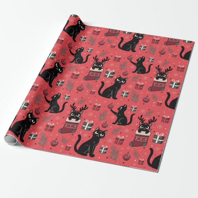 Papel De Presente Papel Enrolador de Natal Gatos Negros Engraçados (Desenrolado)