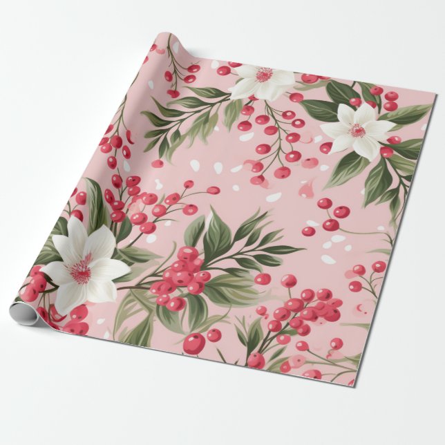 Papel De Presente Papel Floral de Natal Rosa Bonito (Desenrolado)