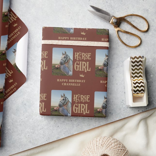 Papel De Presente Papel personalizado de enrolamento de dama de cava (Custom Photo and Name Horse Girl Wrapping Paper)