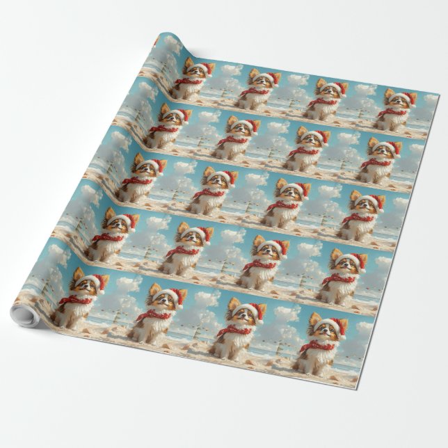 Papel De Presente Papillon Dog Christmas Vintage Beach (Desenrolado)
