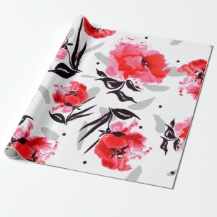 Papel De Presente Papoila Vermelha em um fundo branco com faixas de
