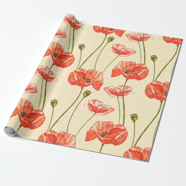 Papel De Presente Papoilas vermelhas com aquarela. Padrões impecávei (Desenrolado)