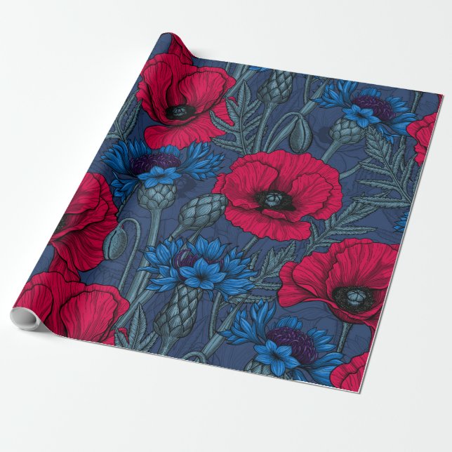 Papel De Presente Papoilas vermelhas e flores azuis em azul (Desenrolado)