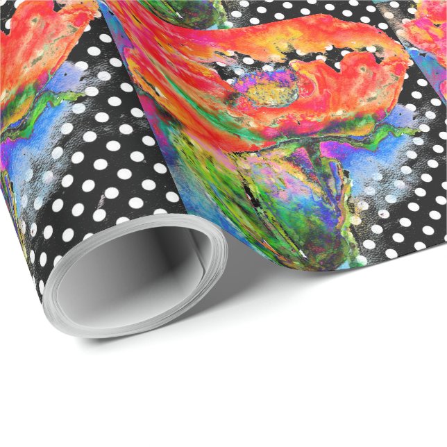 Papel De Presente Papoula Vermelha bolinhas pretas e brancas (Ponta do rolo)