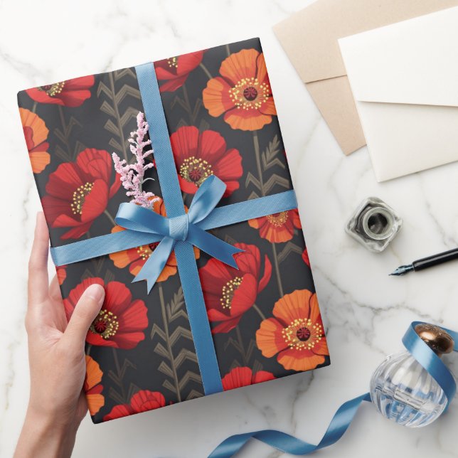 Papel De Presente Papoula Vermelha e Laranja Ousada (Presentear)