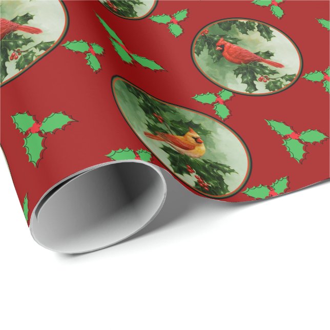 Papel De Presente Par de Cardeais Vermelhos e Folhas de Azevinho (Ponta do rolo)