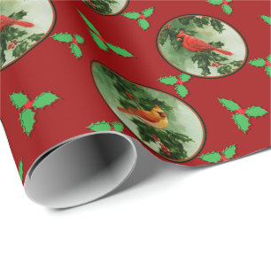 Papel De Presente Par de Cardinais Vermelhos e Folhas de Holly