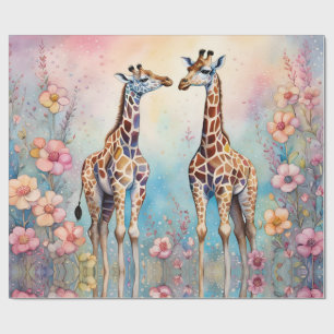 Papel De Presente Par de Girafas Apaixonadas num Jardim Pastel