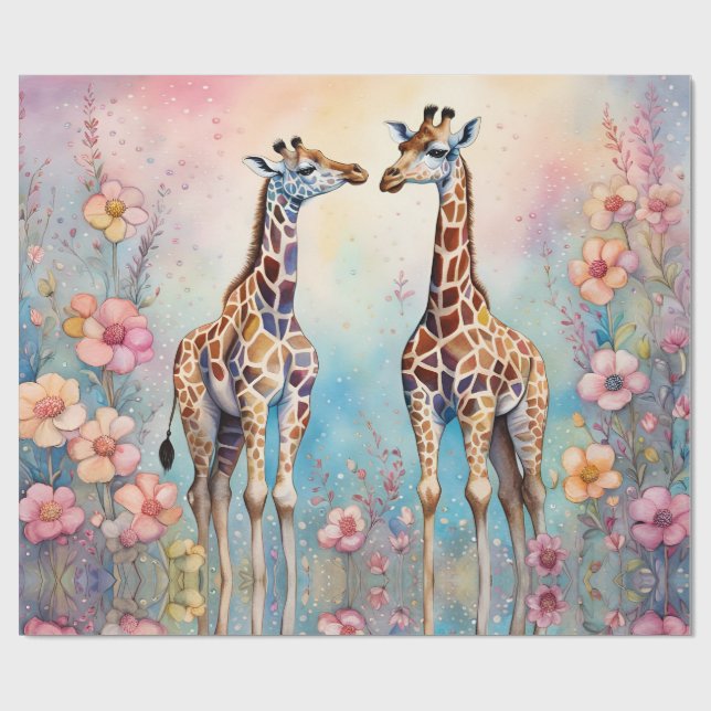 Papel De Presente Par de Girafas Apaixonadas num Jardim Pastel (Aberto)