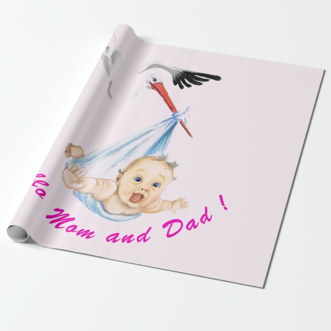 Papel de Presente para Chá de Bebê com Cegonha Car (Desenrolado)