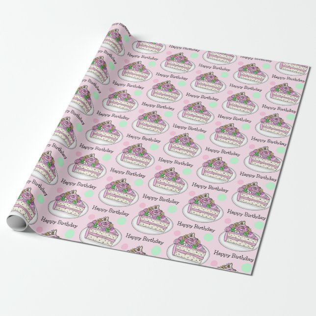 Papel De Presente Parabéns bonito | Flores De Bolo De Aniversário (Desenrolado)