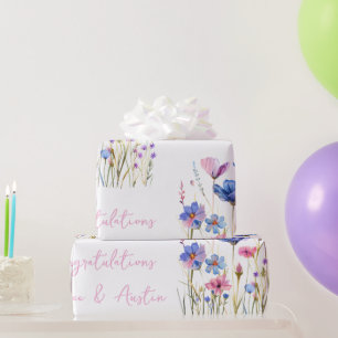 Papel De Presente Parabéns Chás/Casamentos de flores selvagens azuis