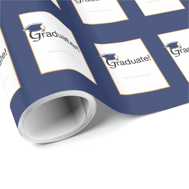 Papel De Presente Parabéns Graduado, Chapéu, Borla, Azul, Dourado (Ponta do rolo)