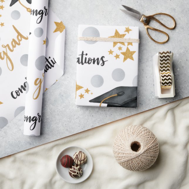 Papel De Presente Parabéns Graduado Estrelas Douradas Pontos Cinza M (Artesanato)