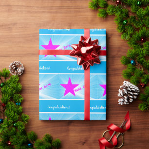Papel De Presente Parabéns magenta Star azuis personalizados