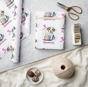 Papel De Presente Parabéns Personalizados de 3º Aniversário, Cachorr