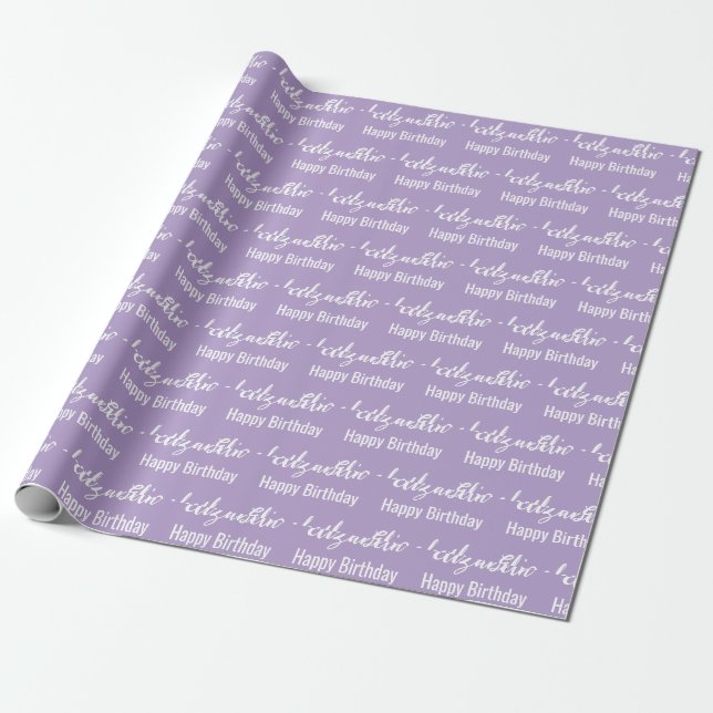 Papel De Presente Parabéns White Script Nome Pale Roxo (Desenrolado)