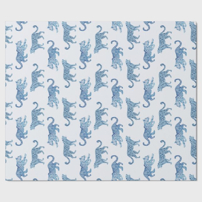 Papel De Presente Parada do Leopardo em Azul e Branco (Barra)
