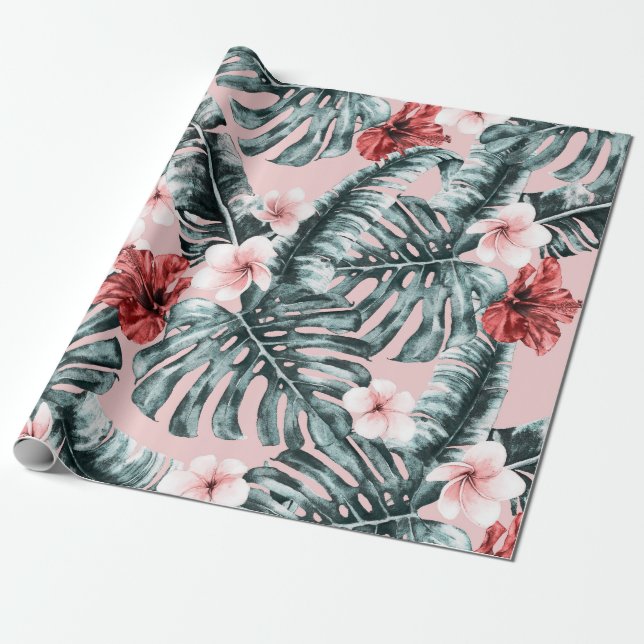 Papel De Presente Paraíso Cor-de-Rosa Floral Botânico da Ilha Tropic (Desenrolado)