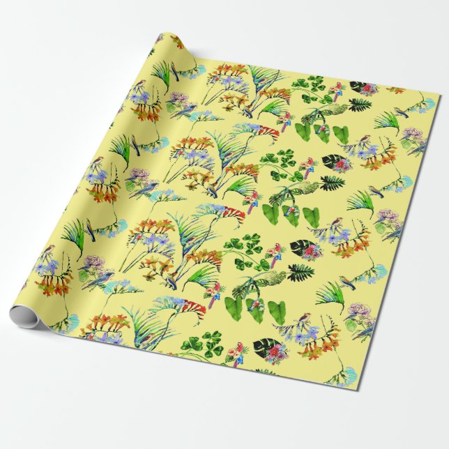 Papel De Presente Paraíso tropical amarelo (Desenrolado)