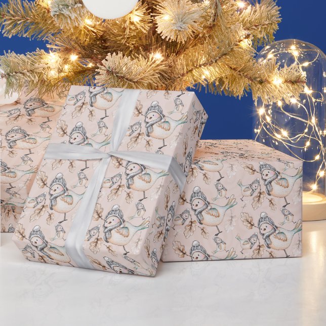 Papel De Presente Pardal de Inverno Aguarela Pintada à Mão (Feriados)