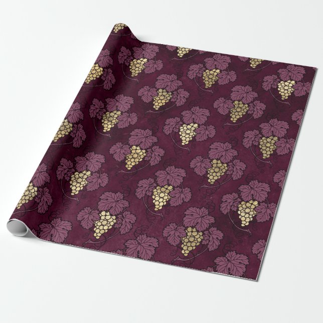 Papel De Presente Paris Antigo Borgonha Roxo e Dourado tema de Vinho (Desenrolado)