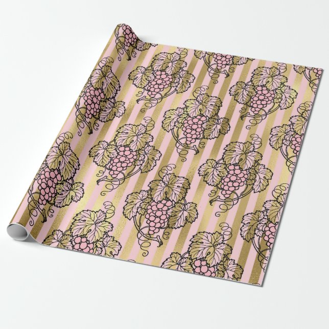 Papel De Presente Paris Rosa e Dourado com tema de Vinho em Folha (Desenrolado)