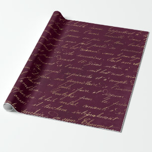 Papel De Presente Paris Vintage Borgonha e Caligrafia Dourada