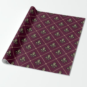 Papel De Presente Paris Vintage Borgonha e Dourado Fleur de Lis