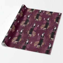 Papel De Presente Paris Vintage Burgundy e Arte Deco em Falso Ouro