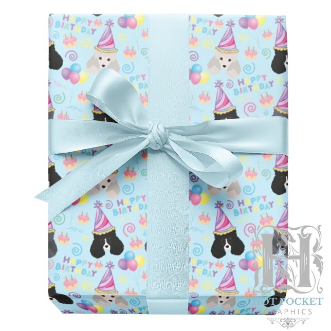 Papel De Presente Parti Poodle Birthday Gift Wrapping Paper Blue (Criador carregado)
