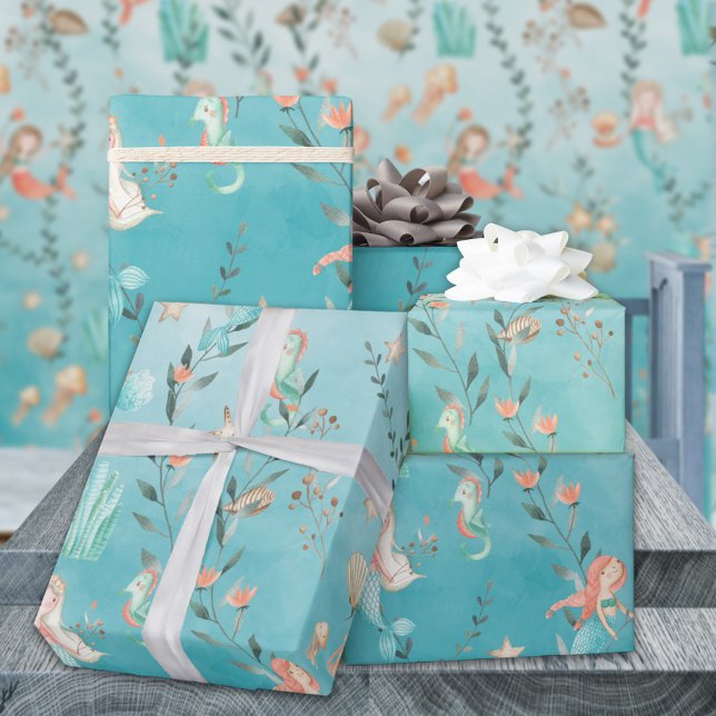 Papel De Presente Partido Sereia Sob O Mar Azul Caribe (Mermaids Party Under The Caribbean Blue Sea Gift Wrapping Paper Rolls)
