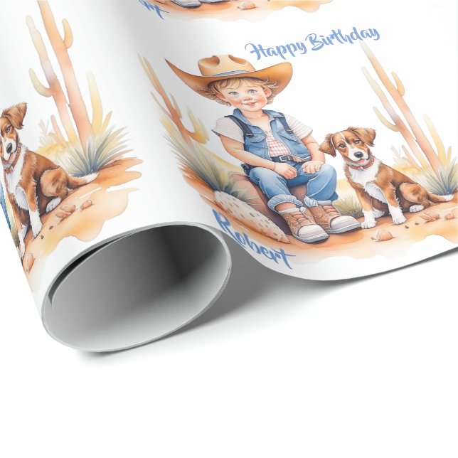 Papel De Presente Parto Personalizado de Cowboy e Cachorro Ocidental (Ponta do rolo)