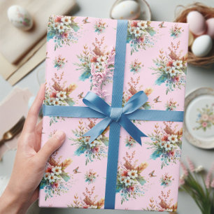 Papel De Presente Páscoa Floral Floral de Cor de Água Rosa Pastel