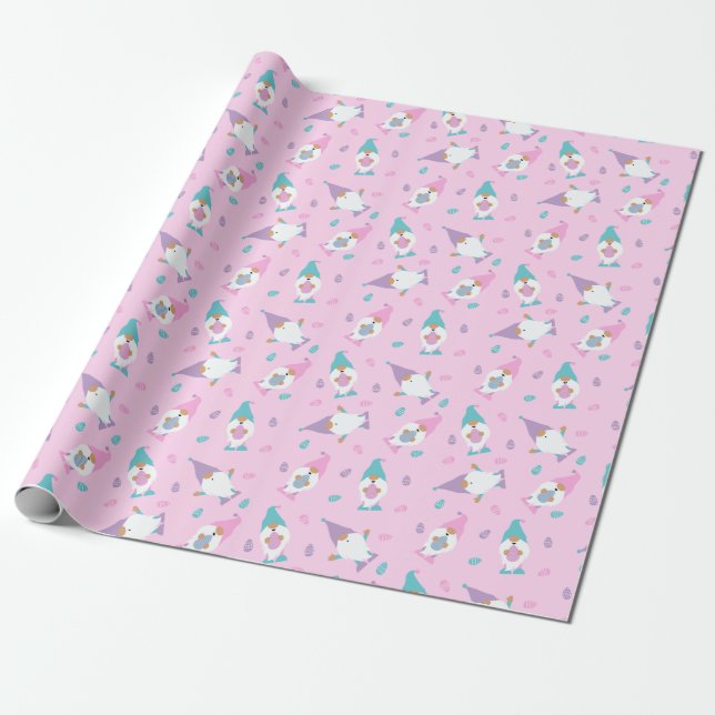 Papel De Presente Páscoa Padrão Gnomo Púrpura Azul Rosa (Desenrolado)