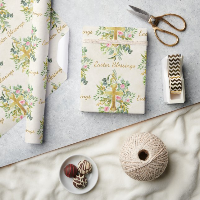 Papel De Presente Páscoa personalizada Dourada cruz e rosas rosa (Artesanato)