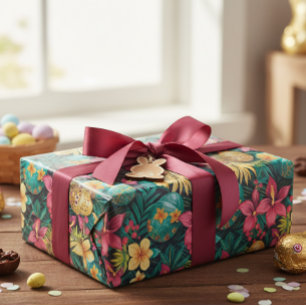 Papel De Presente Páscoa Tropical Primavera Folhas Praia