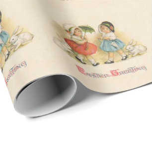 Papel De Presente Páscoa Vintage Crianças Coelhinhos Toucas Antigo