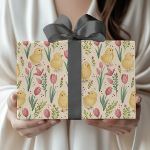 Papel De Presente Páscoa Vintage Fofa Galinhas Amarelas Tulipas Verm