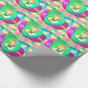 Papel De Presente Páscoa Vintage Girl com ovos de Páscoa na Xadrez