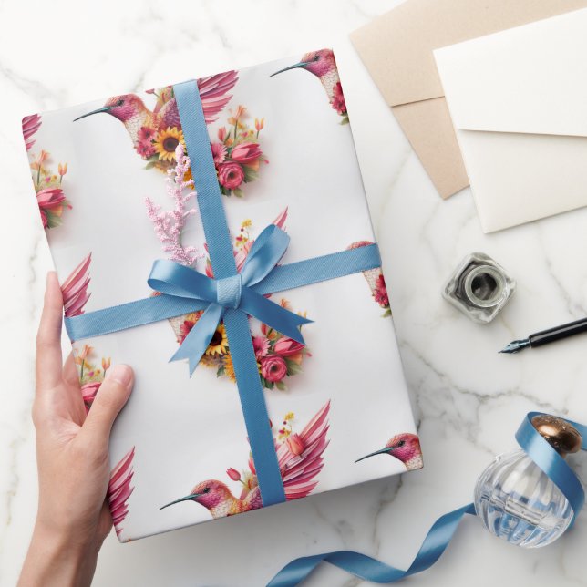 Papel De Presente Pássaro batendo voando com flores (Presentear)